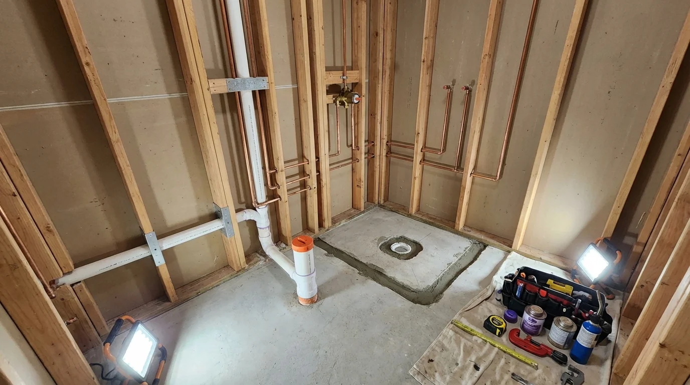 Bathroom rough-in plumbing during remodel by Johns Plumbing LLC in Kings Mountain