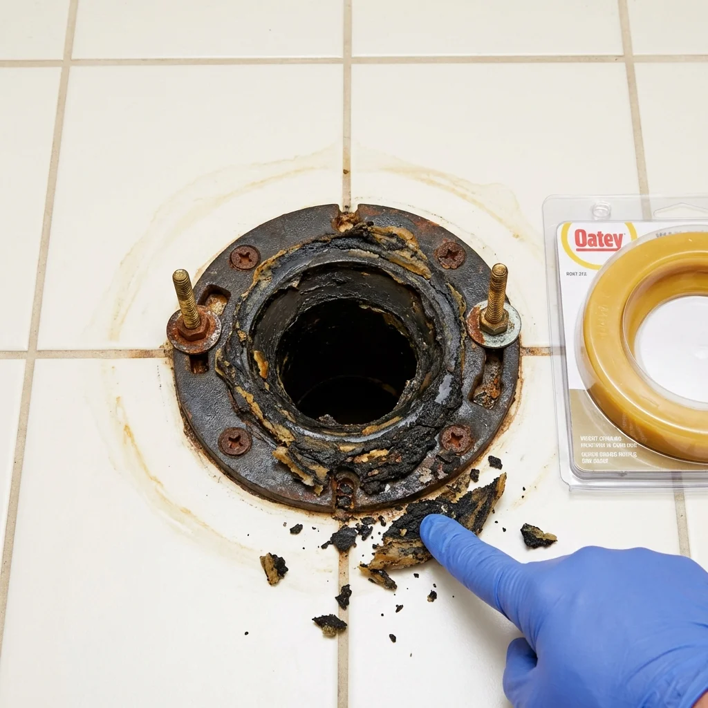 Failed wax ring showing water seepage at the base of a toilet in a Kings Mountain, NC home