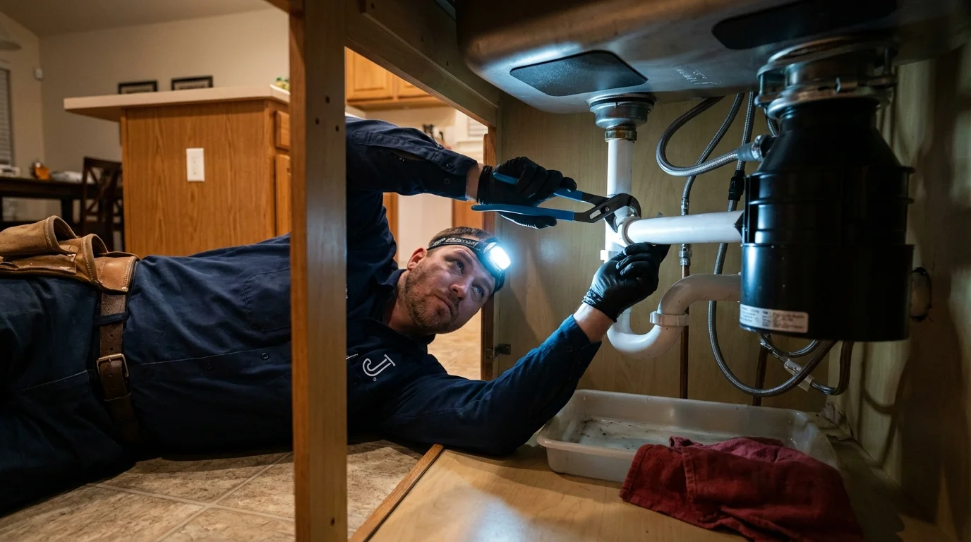 P-trap and supply line connections under a kitchen sink showing a common leak point in Kings Mountain, NC